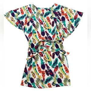 Multicolor Feather Pattern Tunic Tie Front Mini Dress